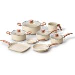 Oikos - Jogo com 8 Panelas Antiaderentes de Revestimento Cerâmica com Tampa de Vidro Terrara Bege com 5 Camadas para Fogão a Gás, Elétricos, Cerâmicos e Halogênio