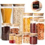 Kit 12 Potes Herméticos de Vidro com Tampa de Bambu | Inclui Etiquetas e Caneta branca | Capacidades 200ml, 250ml, 400ml, 600ml, 800ml, 2000ml | Organização e Estilo para sua Cozinha
